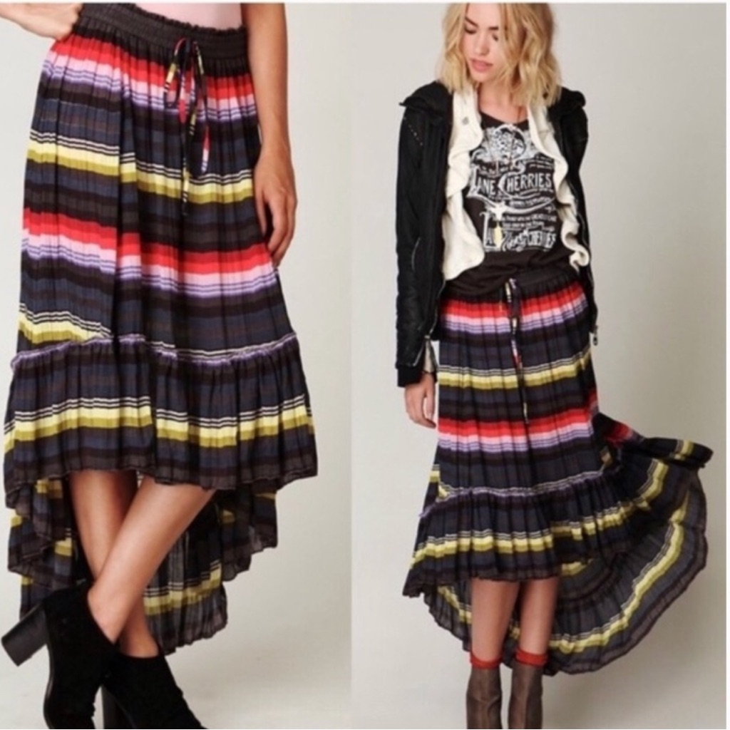 Free People Sz M High-Low Maxi Skirt Multi-Color Accordion Elastic Waist